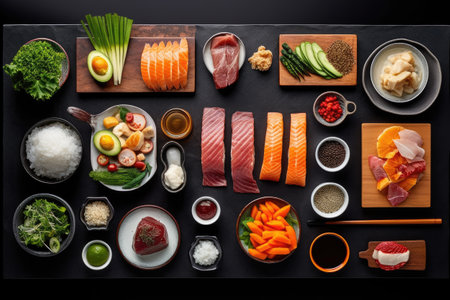 Sushi set with salmon, tuna, salmon, tuna, shrimp, shrimps, vegetables, wasabi and soy sauce on black backgroundの素材