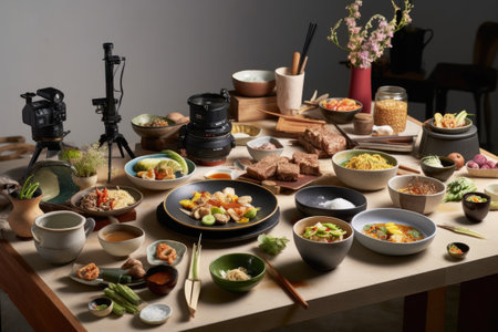 Japanese food set on wooden table in restaurant. Japanese food concept.の素材