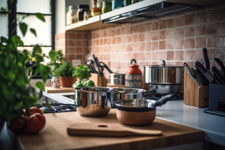 Cooking in the kitchen. Beautiful interior of modern kitchen with wooden furniture.の素材