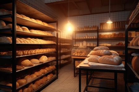 Bread factory. Fresh bread on shelves in bakery. Bakery industryの素材