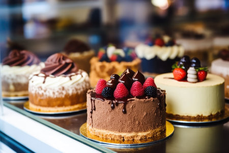 Variety of cakes on display in a shop window. Selective focus.の素材