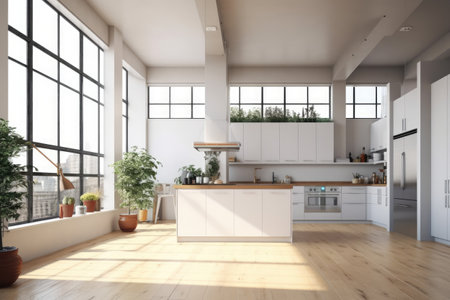 3d Illustration of white modern kitchen in a house with a beautiful designの素材