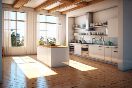 3d rendering white modern kitchen in a house with a wooden floorの素材