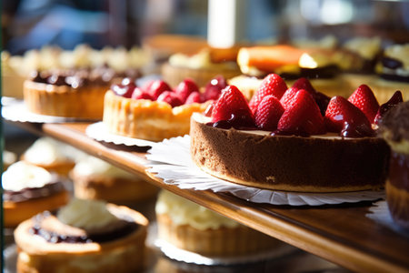 Cake with strawberries and apricots on a shelf in a bakeryの素材
