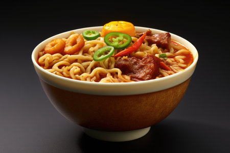 Instant noodle soup with pork and vegetables in bowl on black backgroundの素材