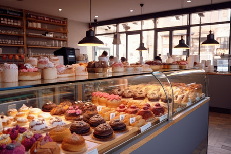 Delicious cakes and pastries on display in a bakery shop.の素材