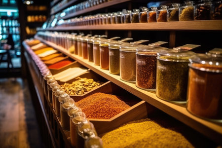 Spices and herbs in glass jars on wooden shelves in a storeの素材