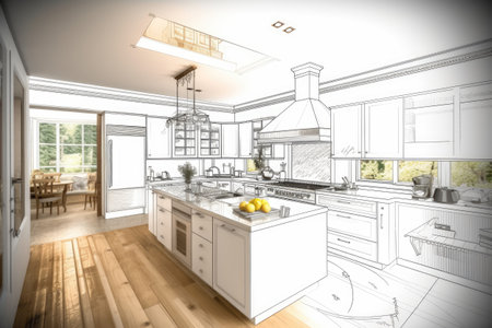 sketch design of modern kitchen,3dwire frame renderの素材