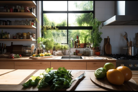 Kitchen interior with fresh vegetables and panoramic window in backgroundの素材