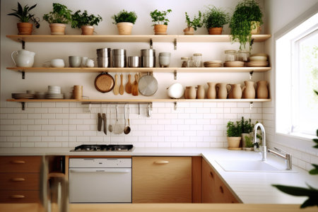 Kitchen interior with wooden shelves and kitchenware. 3d renderingの素材