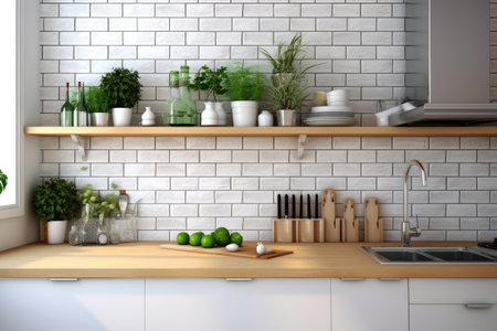 3d rendering of modern kitchen in loft style with white brick wallの素材