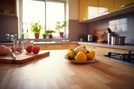 Kitchen interior with fresh vegetables on wooden table. Selective focus.の素材