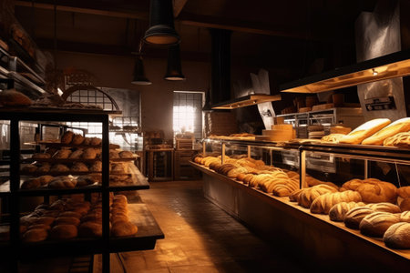 Bread shop at night. Bakery with shelves full of freshly baked bread.の素材