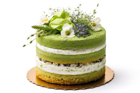 Green tea cake with flowers isolated on white background. Shallow dof.の素材