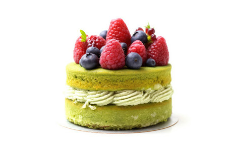 Green tea cake with raspberries and blueberries isolated on white backgroundの素材
