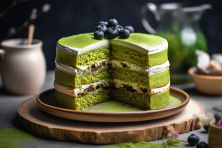 Green tea matcha cake with blueberries on a wooden board.の素材
