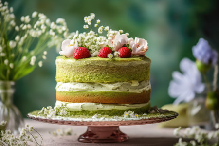 Green tea cake with raspberries and white flowers on green backgroundの素材