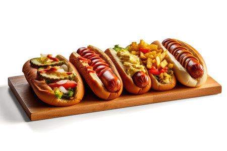Hot dogs on wooden board isolated on white background. 3d illustrationの素材