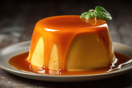 Caramel custard pudding with caramel syrup and mint on wooden backgroundの素材