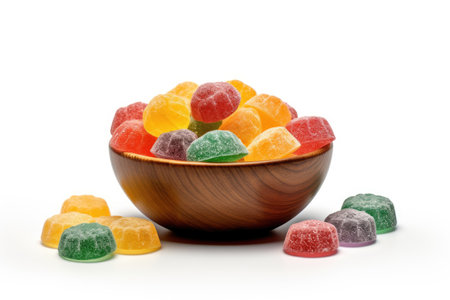 colorful jelly candies in wooden bowl isolated on white background.の素材