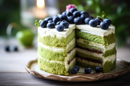 Green tea tiramisu cake with fresh blueberries and raspberriesの素材