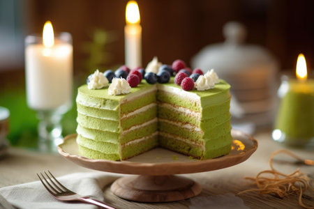 Green tea cake with raspberries and blueberries, selective focusの素材