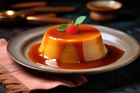 Plate with tasty caramel pudding on table, closeup. Delicious dessertの素材