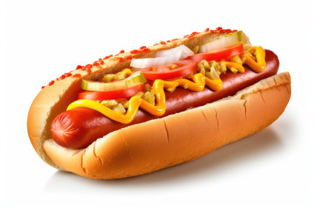 Hot dog with mustard and ketchup on a white background. Isolatedの素材