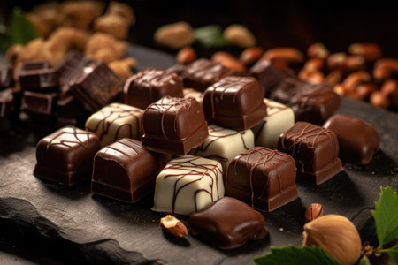 chocolate candies with nuts on a black background, closeupの素材
