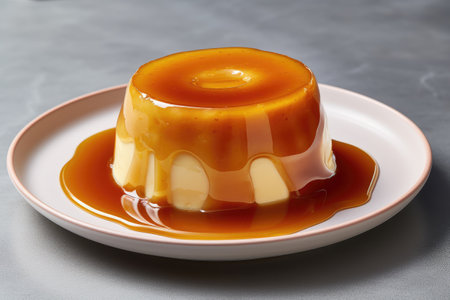 Caramel custard pudding with caramel on a white plate on a gray backgroundの素材