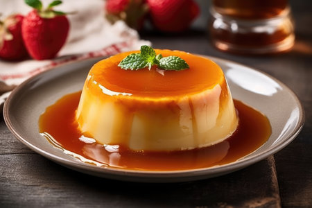 Delicious caramel custard pudding on wooden table, closeup viewの素材