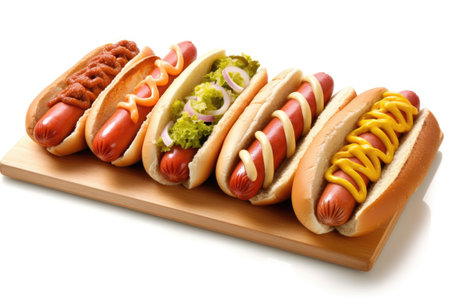 Hot dogs with mustard and ketchup on a wooden board isolated on white backgroundの素材