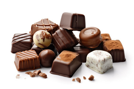 Assorted chocolate candies isolated on white background. Top view.の素材