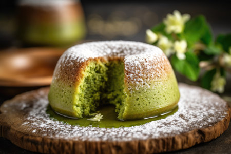 Sponge cake with green tea on wooden table. Selective focus.の素材