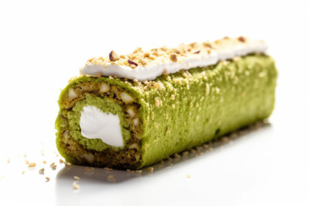 Green tea roll cake isolated on white background, selective focus, shallow DOF.の素材