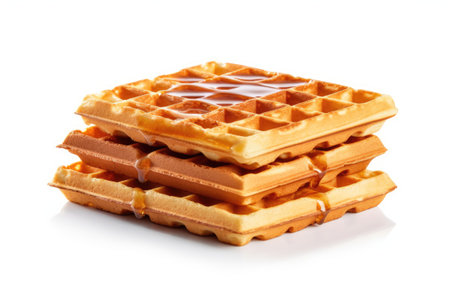 Belgian waffles with caramel isolated on white background. Sweet dessert.の素材