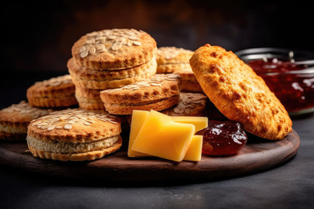 Cookies with jam and cheese on a black background. Selective focus.の素材