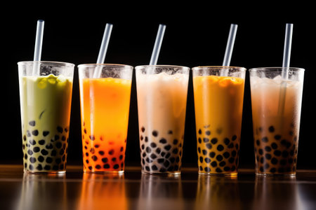 Three glasses of bubble tea with tapioca pearls on black backgroundの素材