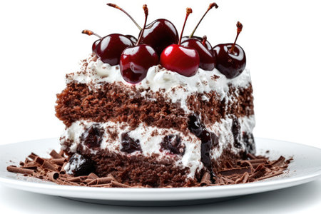 Chocolate cake with cherries on a white plate isolated on white backgroundの素材