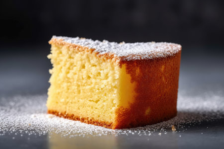 Piece of sponge cake sprinkled with powdered sugar on a black backgroundの素材