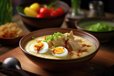 Bowl of delicious asian soup with soft-boiled eggの素材