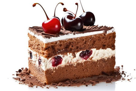 Delicious tiramisu cake with cherries on a white backgroundの素材