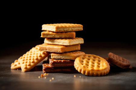 biscuits with chocolate and caramel on a black background, selective focusの素材