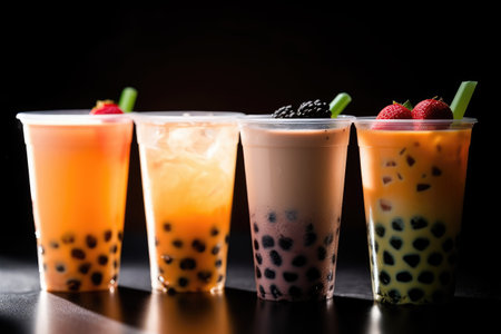 Iced Thai Milk Tea with Bubbles on a black background.の素材