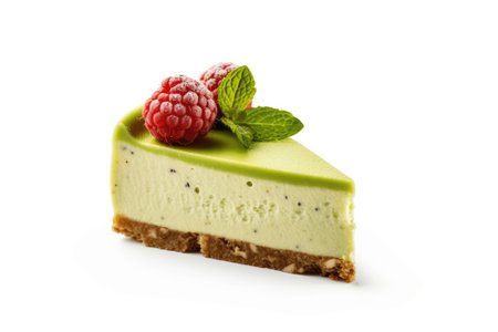 Green tea cheesecake with raspberries and mint isolated on white backgroundの素材