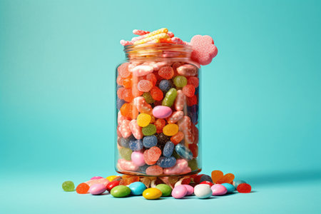 Colorful candies in a glass jar on a blue background.の素材