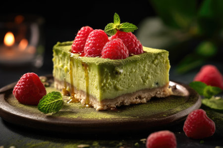 Green tea cheesecake with raspberries and mint on dark backgroundの素材