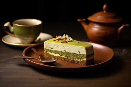 Green tea cake with cup of tea on wooden table. Toned.の素材
