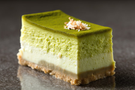 Green tea matcha cheesecake on a dark background. Selective focusの素材
