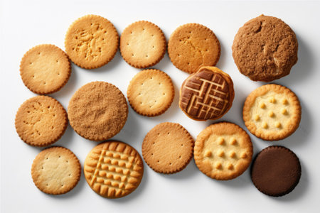 Biscuits on white background, top view. Different types of cookiesの素材
